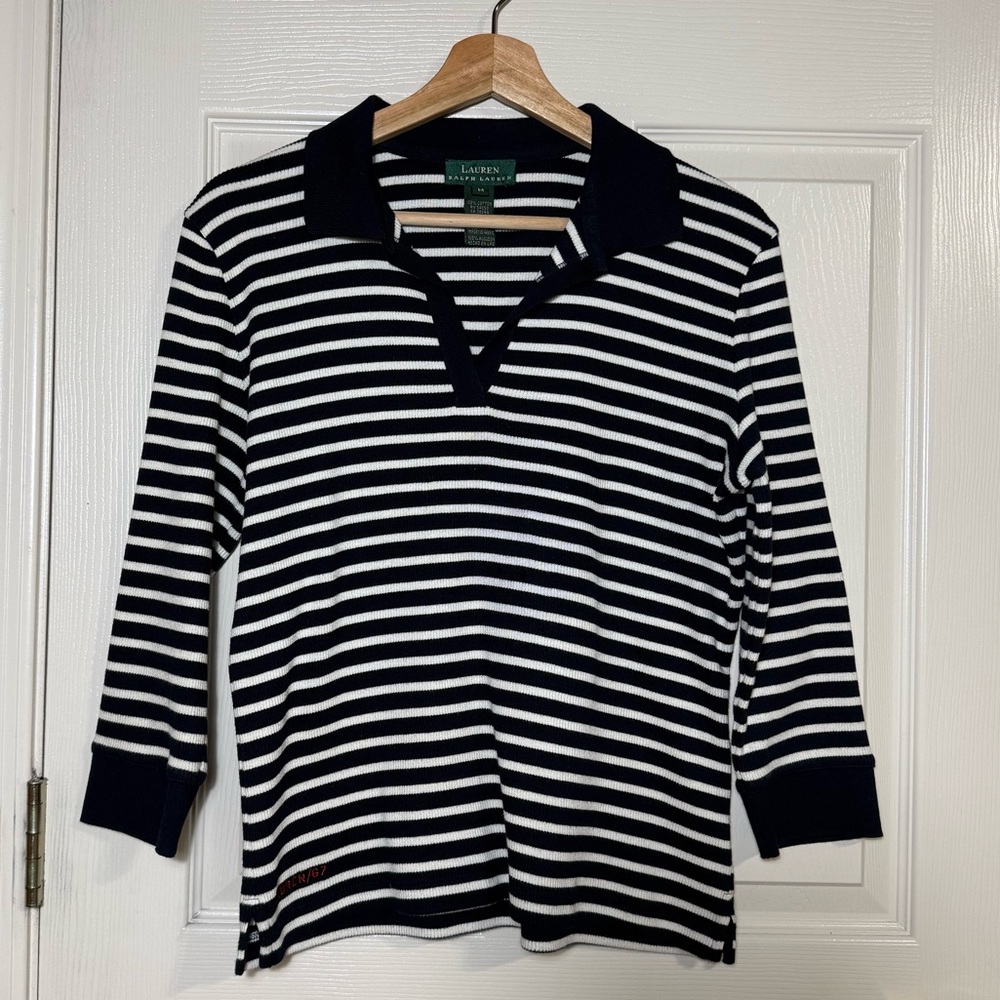 Lauren Ralph Lauren Navy and White Striped Polo 100% Cotton Size M